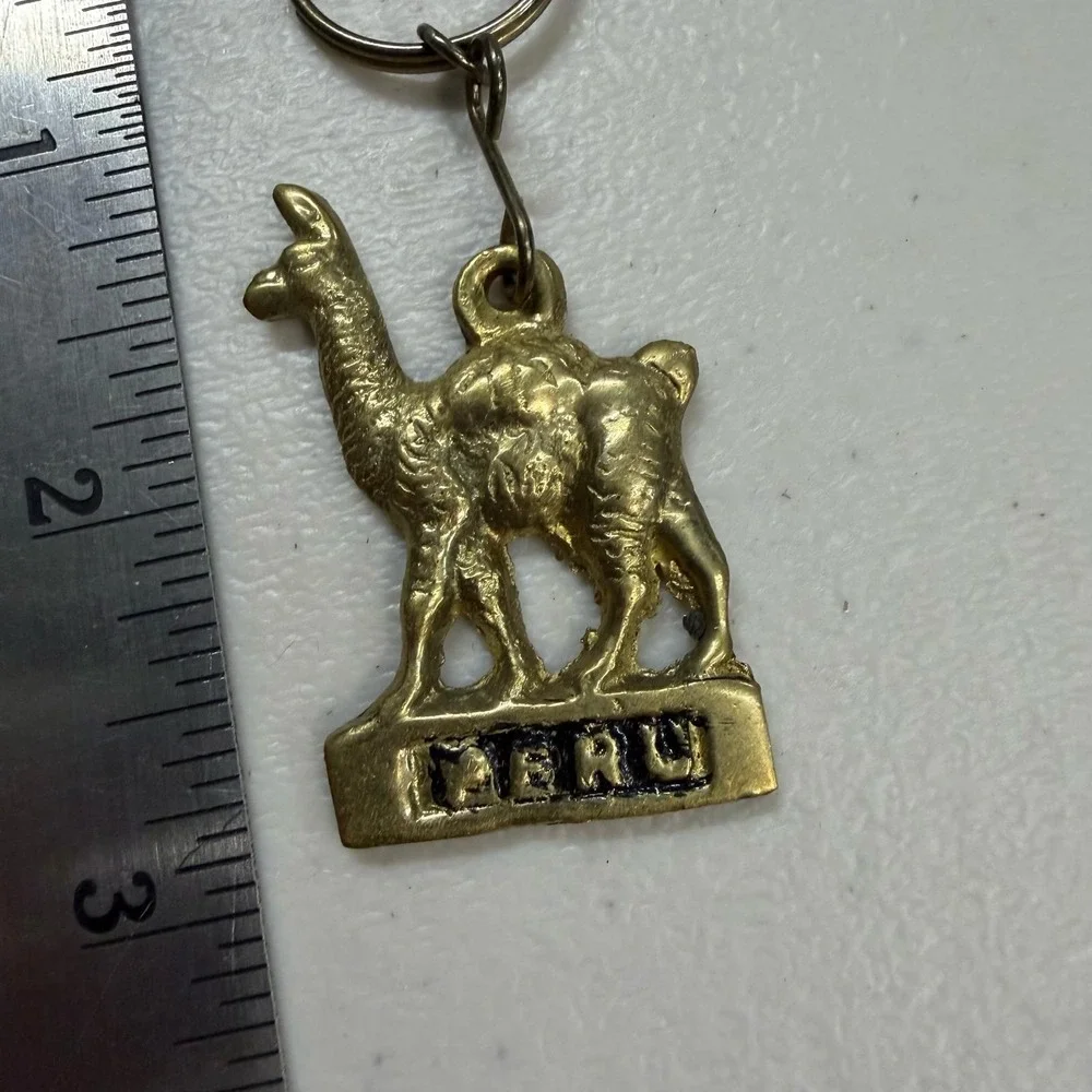 Vintage Peru Brass Llama Keychain Gold Tone Souvenir Travel Charm Metal Animal